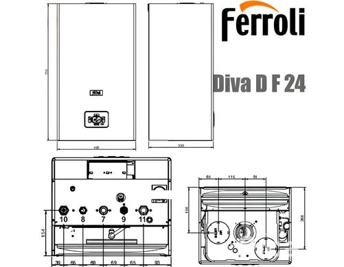 Настінний газовий котел Ferroli Diva D F 24 (Закрита камера згоряння, ECO/COMFORT, Два роздільні теплообмінники, Турбований) Італія