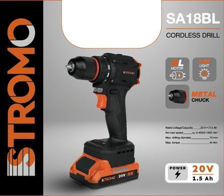 Аккумуляторный шуруповерт STROMO SA-18BL 20 В, бесщеточный мотор, металл. патрон, подсветка, 1 АКБ SA18BL фото
