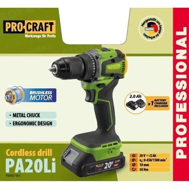 Шуруповерт аккумуляторный Procraft PA20Li 20В, бесщеточный, 50 Нм, 2 скорости, 1 АКБ 2Ач, кейс 208 фото