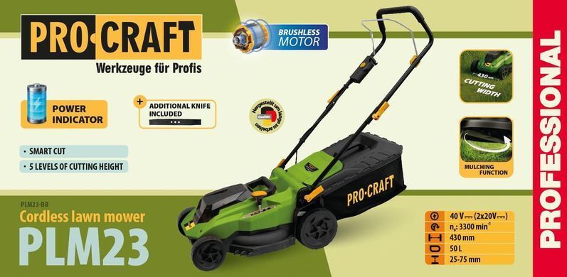 Акумуляторна газонокосарка Procraft PLM23 без АКБ 40В (2x20В) 43 см безщіткова 32023 фото