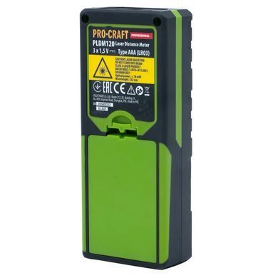 Лазерный дальномер Procraft PLDM120 | 120 м | зелёный лазер | точность &plusmn;2 мм | подсветка | память | IP20 | чехол 120 фото
