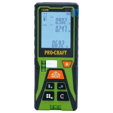 Лазерный дальномер Procraft PLDM120 | 120 м | зелёный лазер | точность &plusmn;2 мм | подсветка | память | IP20 | чехол 120 фото