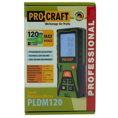 Лазерный дальномер Procraft PLDM120 | 120 м | зелёный лазер | точность &plusmn;2 мм | подсветка | память | IP20 | чехол 120 фото