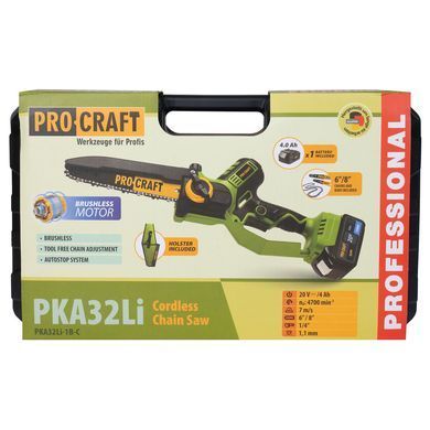 Купить Аккумуляторная цепная пила PROCRAFT PKA-32Li 6"/8" (152 мм/203 мм), 2 шины + 2 цепи 20V/4Ah (кейс + кобура) Procraft в интернет-магазине Дачник &mdash; dachnik.in.ua